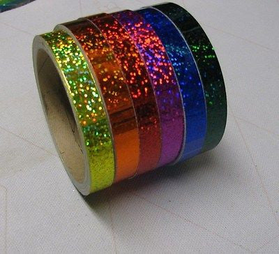 6 Glittering Vinyl Tapes, rainbow colors  1/4" x 25 ft